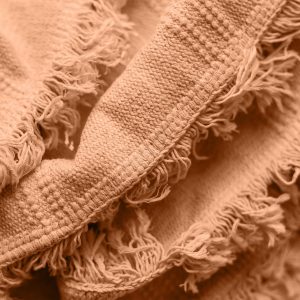 Detailed close-up shot of a soft woolen blanket with fringed edges, showcasing its textured weave.