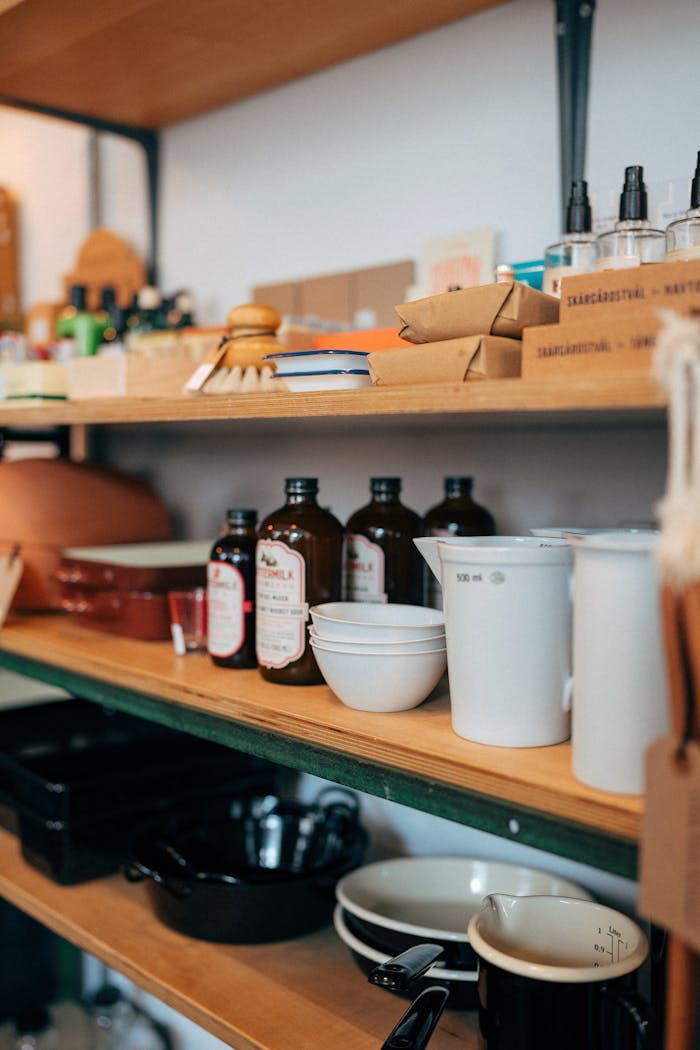 A neatly organized kitchen shelf displaying bottles, bowls, and utensils in a cozy setting.