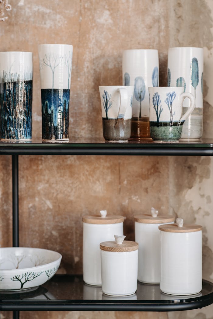 Close-up of handmade ceramic cups and containers with artistic designs on a rustic shelf.