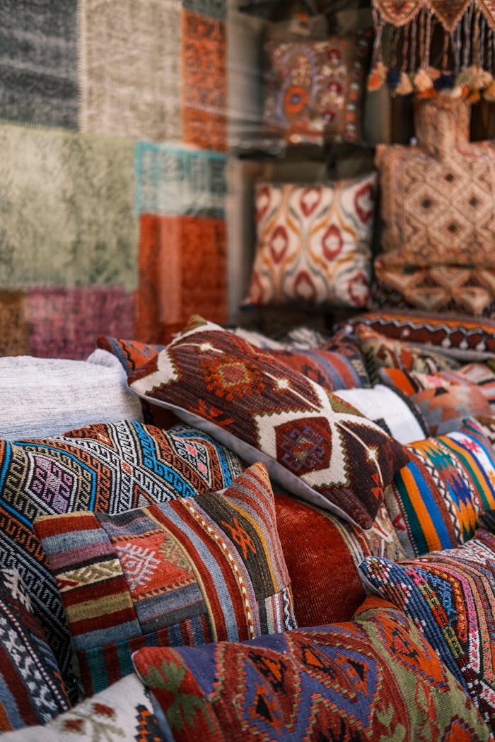Vibrant array of handmade patterned pillows and textiles on display indoors.